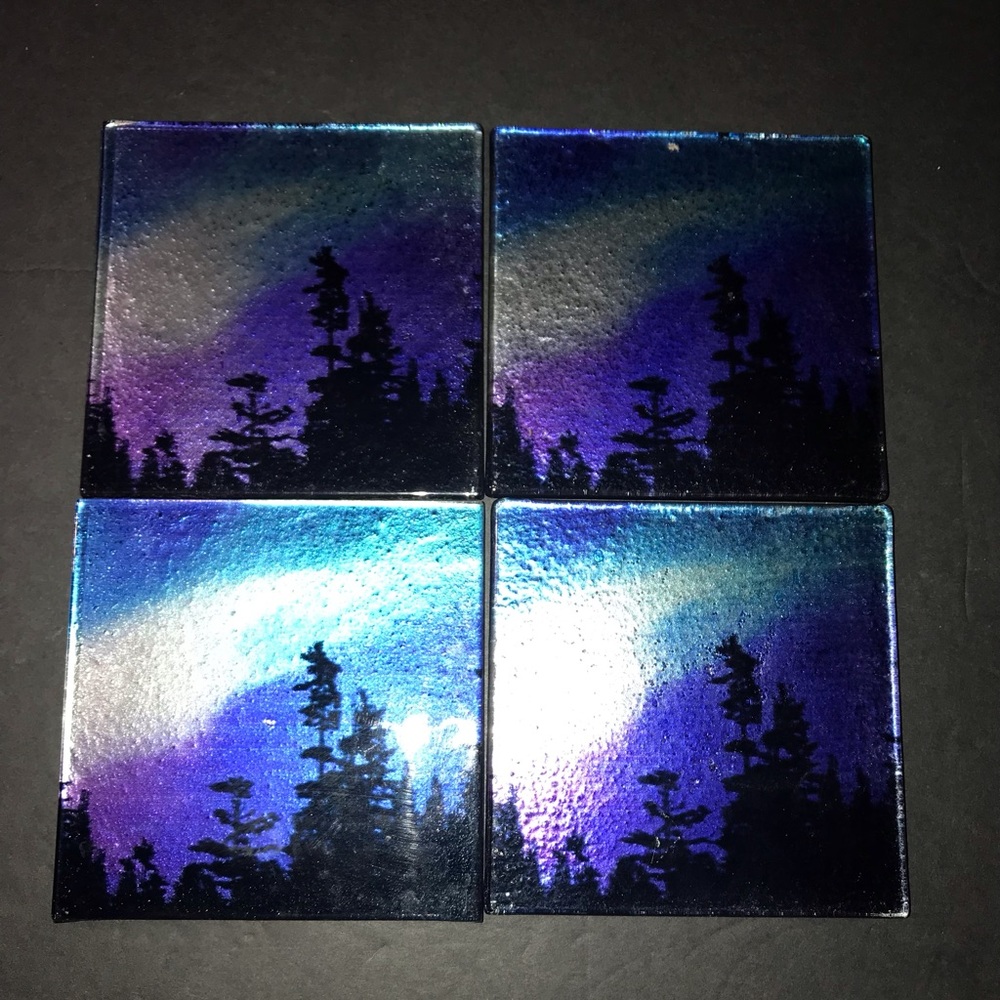 Rare Set Of 4 Hand Painted Coasters Night Sky  Northern Lights Coasters